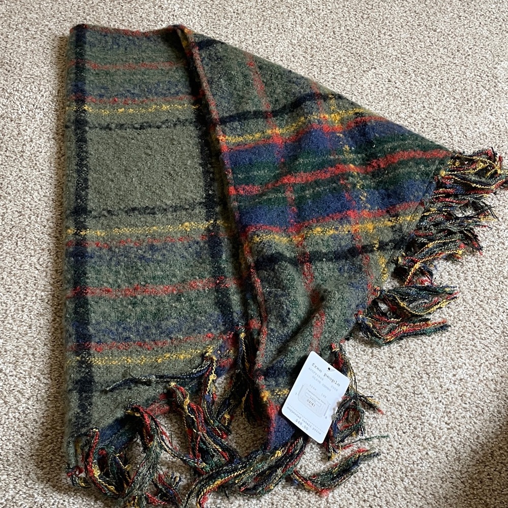 Free People Olive Green Plaid Fringe Scarf Wrap